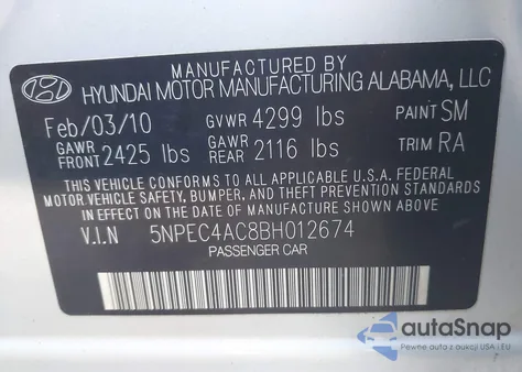 2011 Hyundai Sonata Se z USA, uszkodzony, nr VIN 5NPEC4AC8BH012674